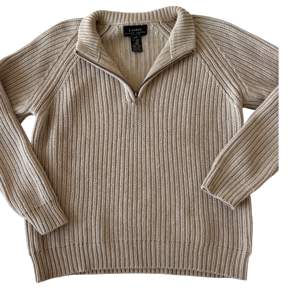 Lauren Ralph Lauren Petite Beige Cotton chunky Rib knit Quarter Zip Sweater P/S
